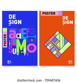 Vector covers design set with retro style. Cool geometric memphis style poster template with alphabets. Summer and autumn design template.