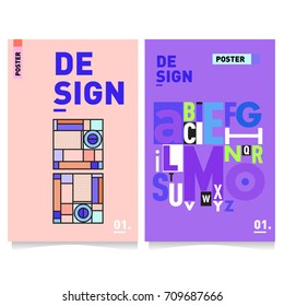 Vector covers design set with retro style. Cool geometric memphis style poster template with alphabets. Summer and autumn design template.