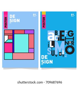 Vector covers design set with retro style. Cool geometric memphis style poster template with alphabets. Summer and autumn design template.