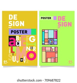 Vector covers design set with retro style. Cool geometric memphis style poster template with alphabets. Summer and autumn design template.
