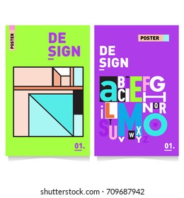 Vector covers design set with retro style. Cool geometric memphis style poster template with alphabets. Summer and autumn design template.