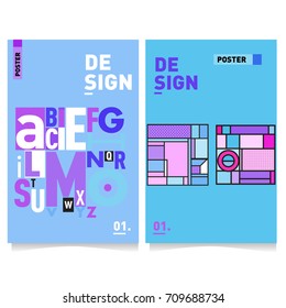 Vector covers design set with retro style. Cool geometric memphis style poster template with alphabets. Summer and autumn design template.