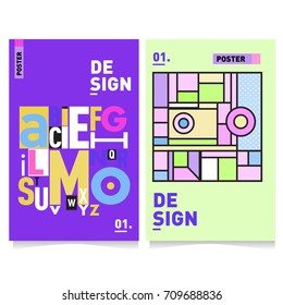 Vector covers design set with retro style. Cool geometric memphis style poster template with alphabets. Summer and autumn design template.