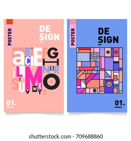 Vector covers design set with retro style. Cool geometric memphis style poster template with alphabets. Summer and autumn design template.