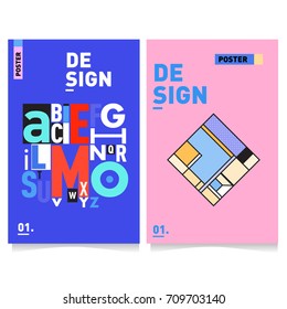 Vector covers design set with retro style. Cool geometric memphis style poster template with alphabets. Summer and autumn design template.
