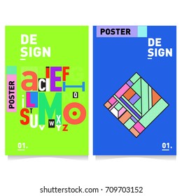 Vector covers design set with retro style. Cool geometric memphis style poster template with alphabets. Summer and autumn design template.