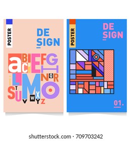 Vector covers design set with retro style. Cool geometric memphis style poster template with alphabets. Summer and autumn design template.