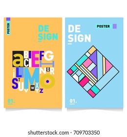 Vector covers design set with retro style. Cool geometric memphis style poster template with alphabets. Summer and autumn design template.