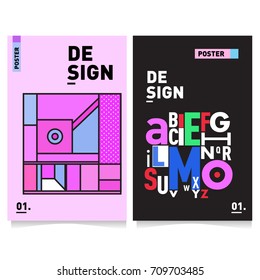 Vector covers design set with retro style. Cool geometric memphis style poster template with alphabets. Summer and autumn design template.