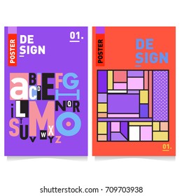 Vector covers design set with retro style. Cool geometric memphis style poster template with alphabets. Summer and autumn design template.