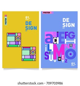 Vector covers design set with retro style. Cool geometric memphis style poster template with alphabets. Summer and autumn design template.