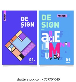 Vector covers design set with retro style. Cool geometric memphis style poster template with alphabets. Summer and autumn design template.