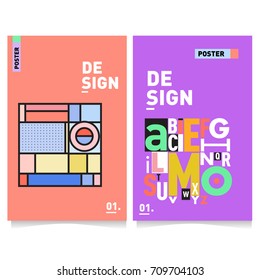 Vector covers design set with retro style. Cool geometric memphis style poster template with alphabets. Summer and autumn design template.