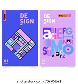 Vector covers design set with retro style. Cool geometric memphis style poster template with alphabets. Summer and autumn design template.