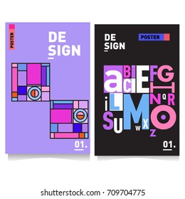 Vector covers design set with retro style. Cool geometric memphis style poster template with alphabets. Summer and autumn design template.