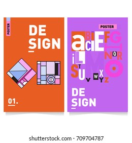 Vector covers design set with retro style. Cool geometric memphis style poster template with alphabets. Summer and autumn design template.