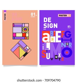 Vector covers design set with retro style. Cool geometric memphis style poster template with alphabets. Summer and autumn design template.