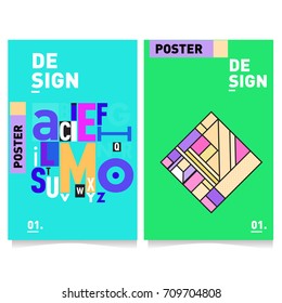 Vector covers design set with retro style. Cool geometric memphis style poster template with alphabets. Summer and autumn design template.