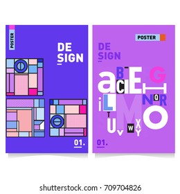 Vector covers design set with retro style. Cool geometric memphis style poster template with alphabets. Summer and autumn design template.