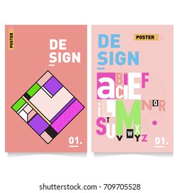 Vector covers design set with retro style. Cool geometric memphis style poster template with alphabets. Summer and autumn design template.