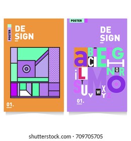 Vector covers design set with retro style. Cool geometric memphis style poster template with alphabets. Summer and autumn design template.