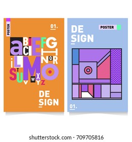 Vector covers design set with retro style. Cool geometric memphis style poster template with alphabets. Summer and autumn design template.