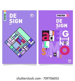 Vector covers design set with retro style. Cool geometric memphis style poster template with alphabets. Summer and autumn design template.