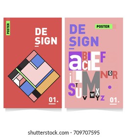 Vector covers design set with retro style. Cool geometric memphis style poster template with alphabets. Summer and autumn design template.
