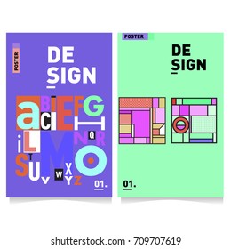 Vector covers design set with retro style. Cool geometric memphis style poster template with alphabets. Summer and autumn design template.