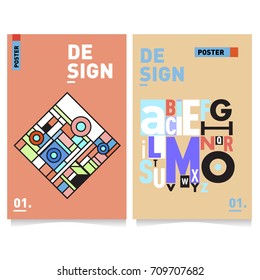 Vector covers design set with retro style. Cool geometric memphis style poster template with alphabets. Summer and autumn design template.