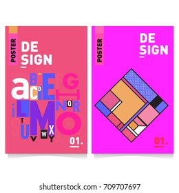 Vector covers design set with retro style. Cool geometric memphis style poster template with alphabets. Summer and autumn design template.