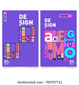 Vector covers design set with retro style. Cool geometric memphis style poster template with alphabets. Summer and autumn design template.