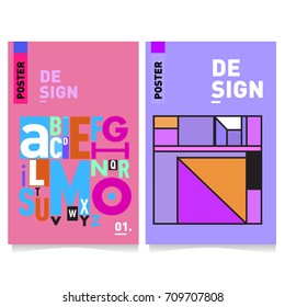 Vector covers design set with retro style. Cool geometric memphis style poster template with alphabets. Summer and autumn design template.