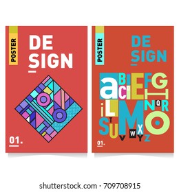 Vector covers design set with retro style. Cool geometric memphis style poster template with alphabets. Summer and autumn design template.