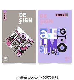 Vector covers design set with retro style. Cool geometric memphis style poster template with alphabets. Summer and autumn design template.