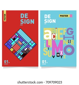 Vector covers design set with retro style. Cool geometric memphis style poster template with alphabets. Summer and autumn design template.