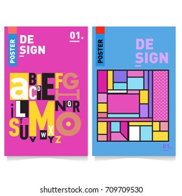 Vector covers design set with retro style. Cool geometric memphis style poster template with alphabets. Summer and autumn design template.