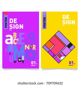 Vector covers design set with retro style. Cool geometric memphis style poster template with alphabets. Summer and autumn design template.
