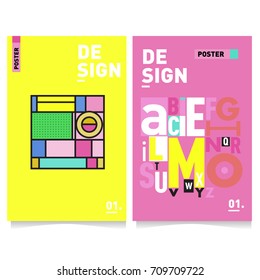 Vector covers design set with retro style. Cool geometric memphis style poster template with alphabets. Summer and autumn design template.