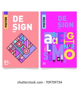 Vector covers design set with retro style. Cool geometric memphis style poster template with alphabets. Summer and autumn design template.