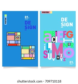 Vector covers design set with retro style. Cool geometric memphis style poster template with alphabets. Summer and autumn design template.