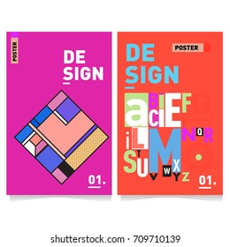 Vector covers design set with retro style. Cool geometric memphis style poster template with alphabets. Summer and autumn design template.