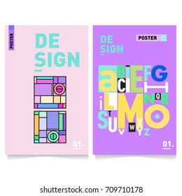 Vector covers design set with retro style. Cool geometric memphis style poster template with alphabets. Summer and autumn design template.