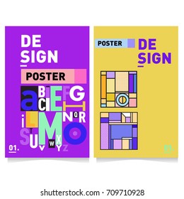 Vector covers design set with retro style. Cool geometric memphis style poster template with alphabets. Summer and autumn design template.