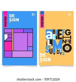 Vector covers design set with retro style. Cool geometric memphis style poster template with alphabets. Summer and autumn design template.