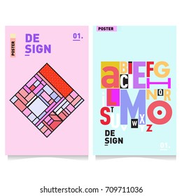 Vector covers design set with retro style. Cool geometric memphis style poster template with alphabets. Summer and autumn design template.