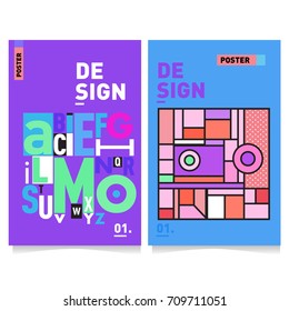 Vector covers design set with retro style. Cool geometric memphis style poster template with alphabets. Summer and autumn design template.