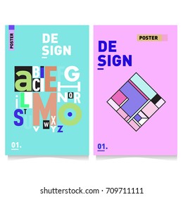Vector covers design set with retro style. Cool geometric memphis style poster template with alphabets. Summer and autumn design template.