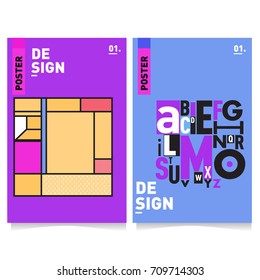 Vector covers design set with retro style. Cool geometric memphis style poster template with alphabets. Summer and autumn design template.