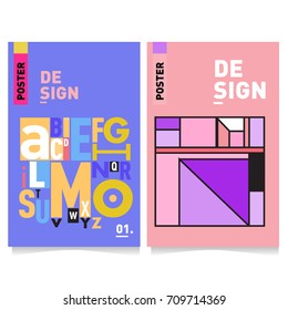 Vector covers design set with retro style. Cool geometric memphis style poster template with alphabets. Summer and autumn design template.